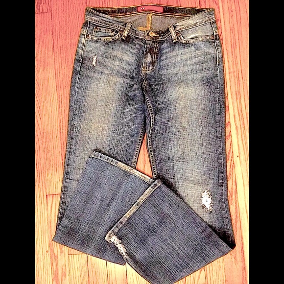 SUPER LOW RISE EXPRESS DENIM JEANS SLIM FIT FLARE LEGS DISTRESSED 8 LO… - Picture 3 of 11